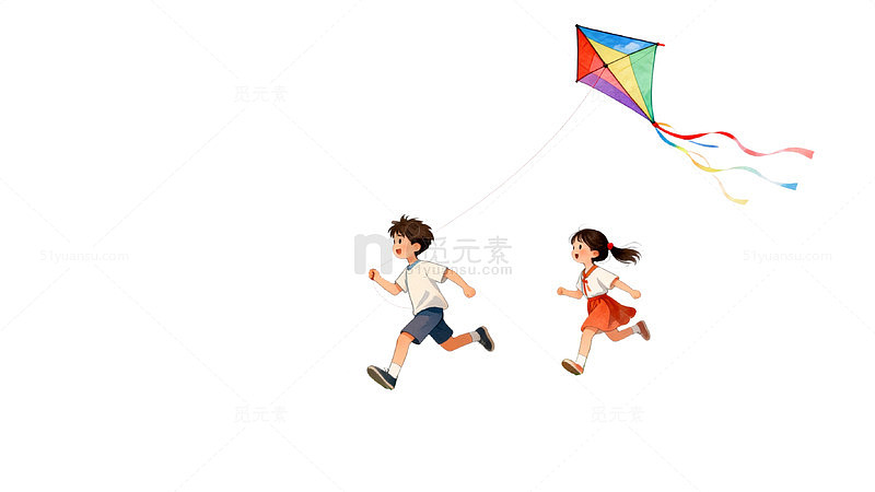 水彩风儿童放风筝手绘插画设计素材