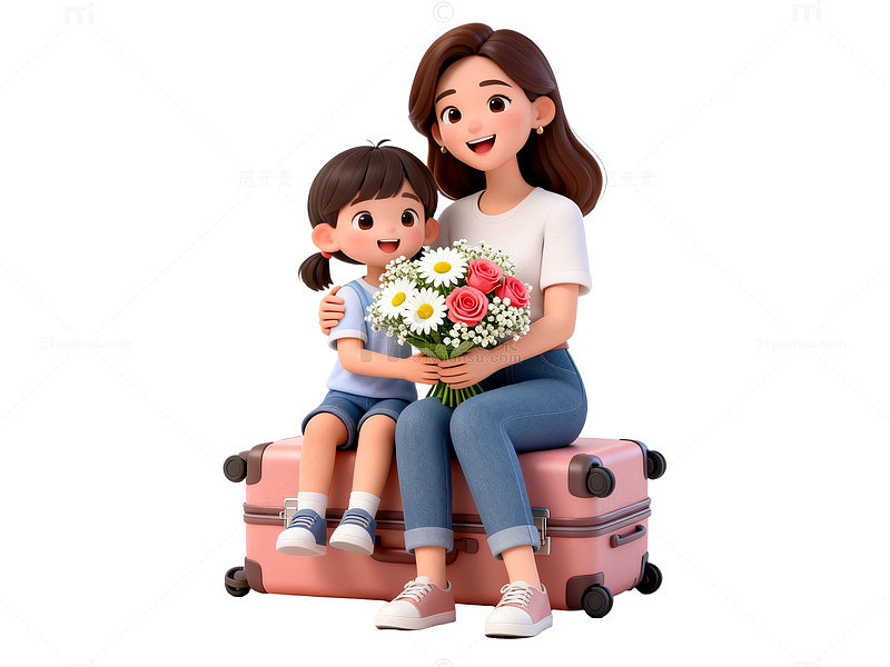3D卡通母女行李花束设计素材