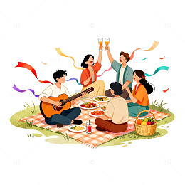 插画风野餐聚会手绘人物设计素材
