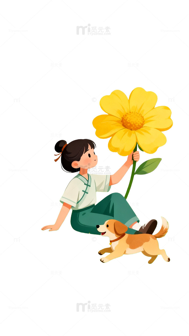 插画风小女孩与小狗赏花设计素材