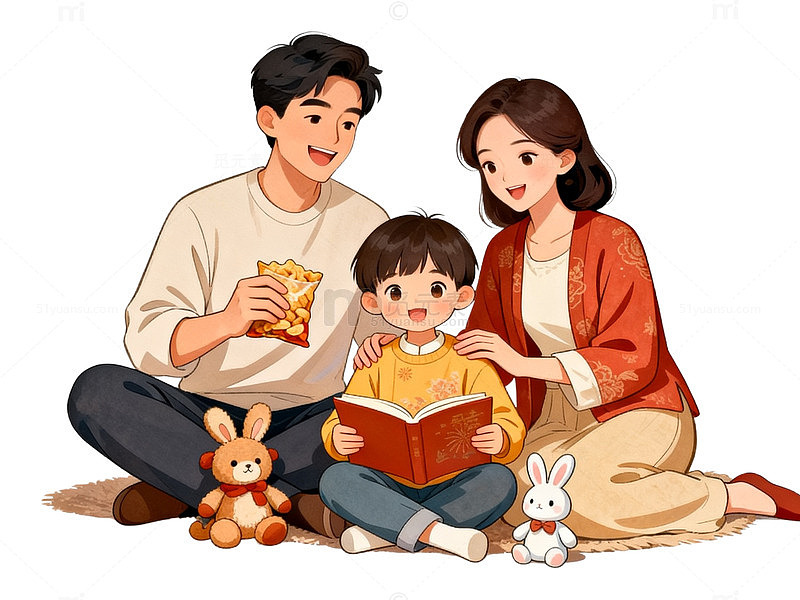 卡通风家庭阅读温馨插画设计素材