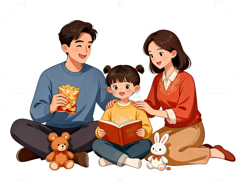 卡通风家庭阅读温馨插画设计素材