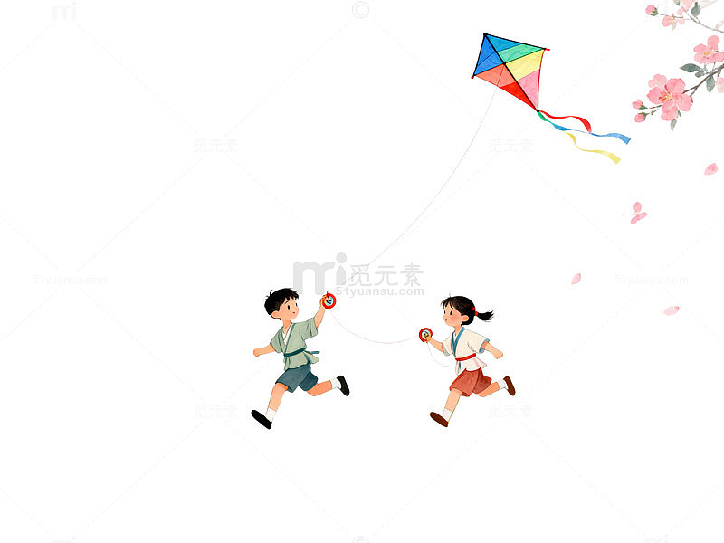 插画风春日放风筝儿童手绘设计素材