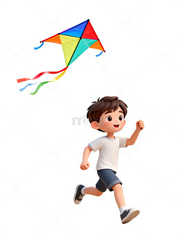 卡通风男孩放风筝3D插画素材