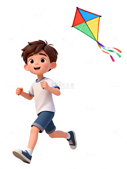 3D卡通男孩放风筝插画素材