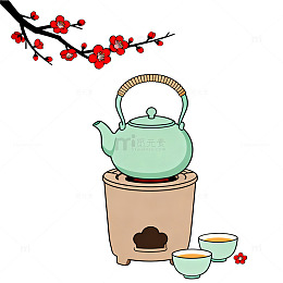 卡通风茶道场景手绘梅花茶具设计素材