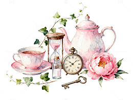 水彩风茶具玫瑰钟表手绘插画素材