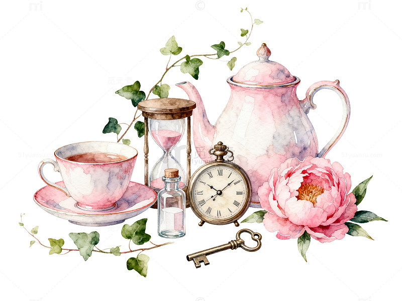 水彩风茶具玫瑰钟表手绘插画素材