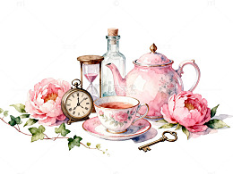 水彩风茶具花卉手绘插画设计素材