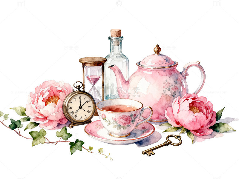 水彩风茶具花卉手绘插画设计素材