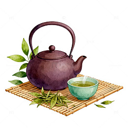 水彩风茶道静谧手绘茶壶茶杯设计素材