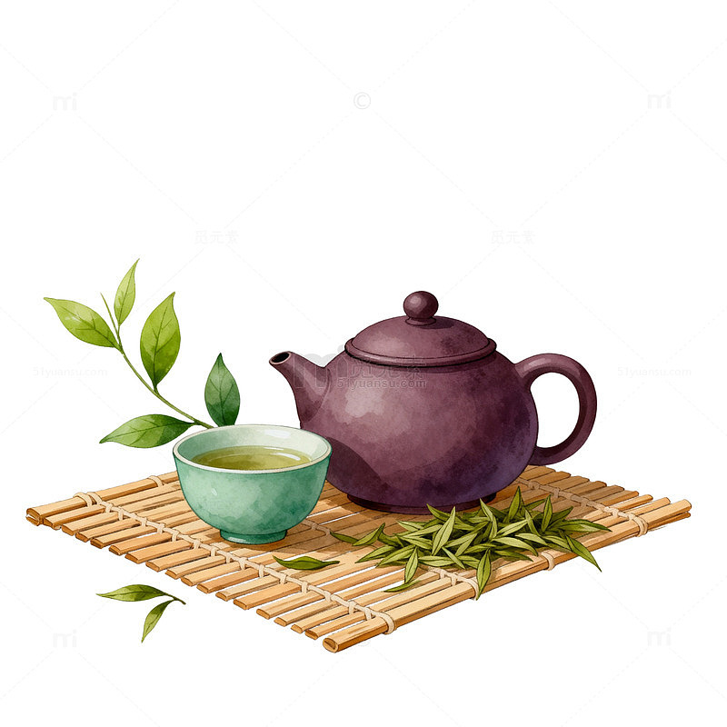 水彩风茶道静谧手绘紫砂壶设计素材