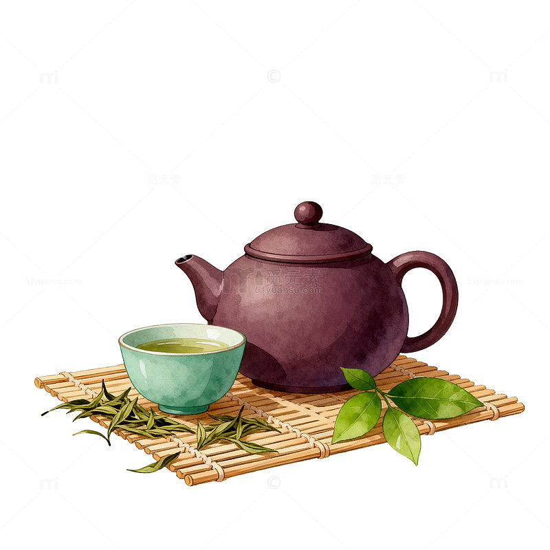 国风水墨风茶具插画设计素材