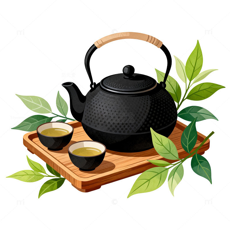插画风茶具绿叶手绘茶道设计素材