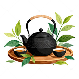 插画风茶道静谧手绘茶具设计素材