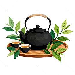 手绘风茶具绿叶静物插画设计素材