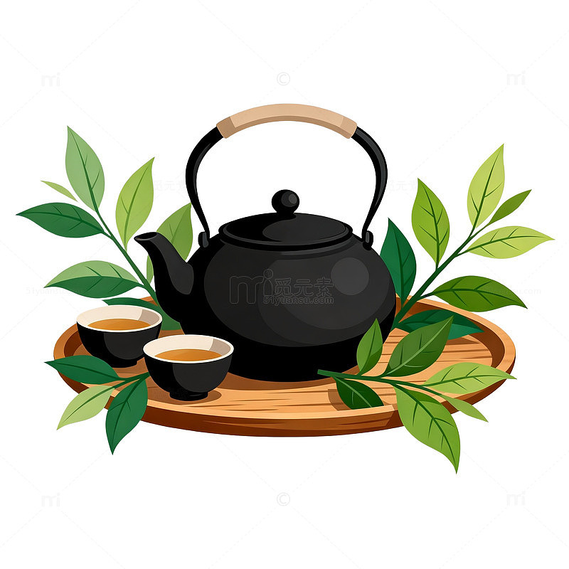 手绘风茶具绿叶静物插画设计素材