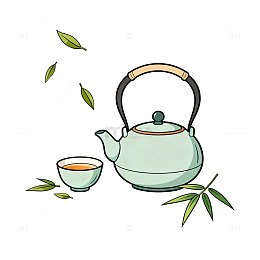 手绘风茶具竹叶插画设计素材