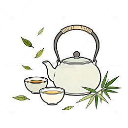 手绘风茶具竹叶插画设计素材