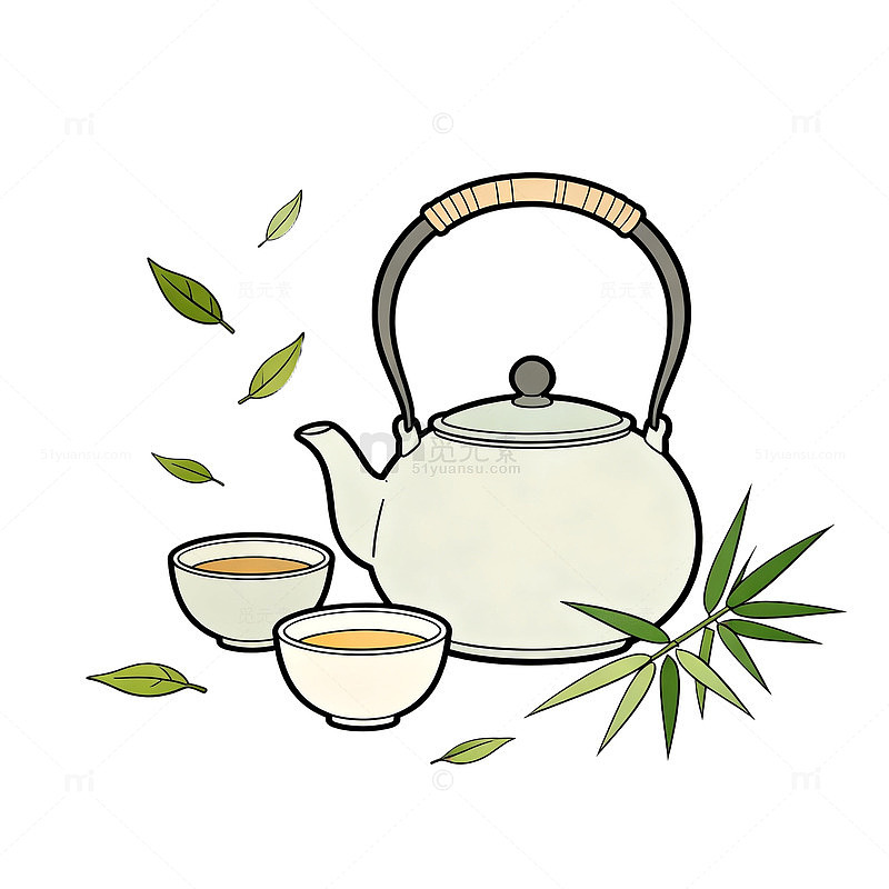 手绘风茶具竹叶插画设计素材