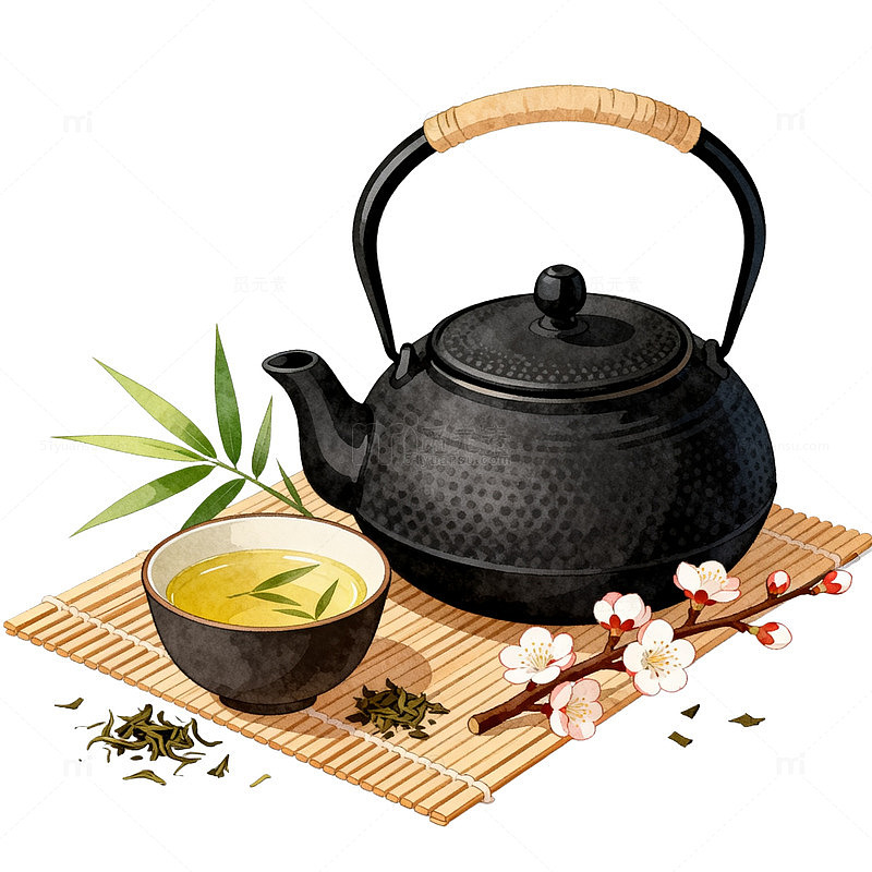 插画风茶道静谧手绘茶具设计素材