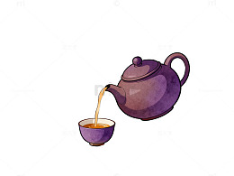 水墨风茶壶倒茶山水背景插画素材