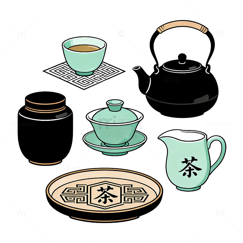 插画风茶具茶道手绘设计素材
