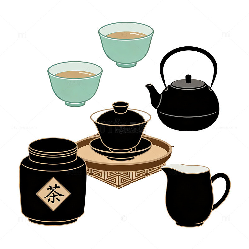 复古风茶具组合手绘插画设计素材