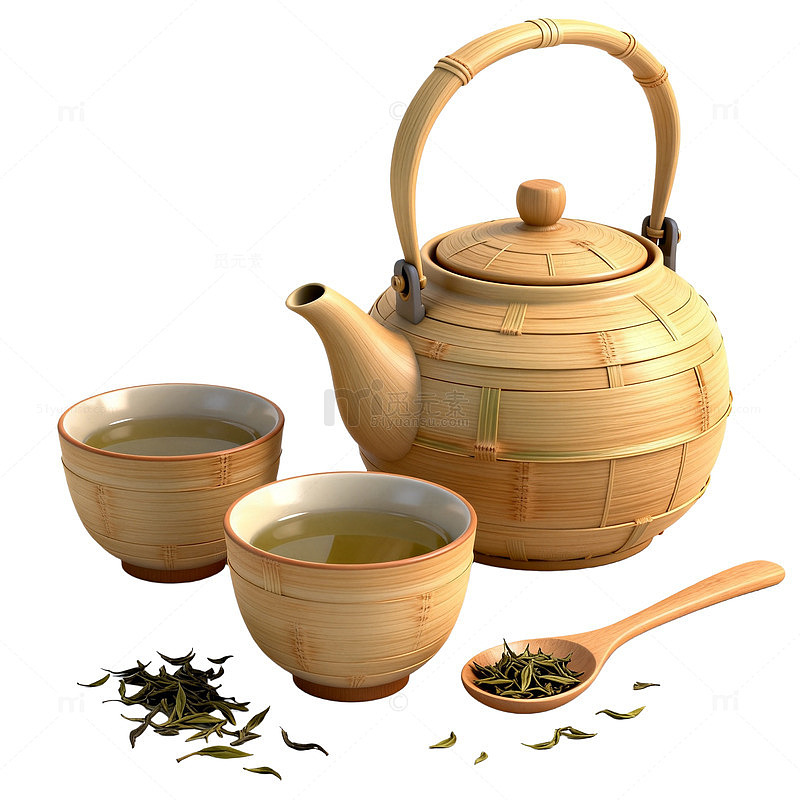 3D风格竹编茶具静物设计素材
