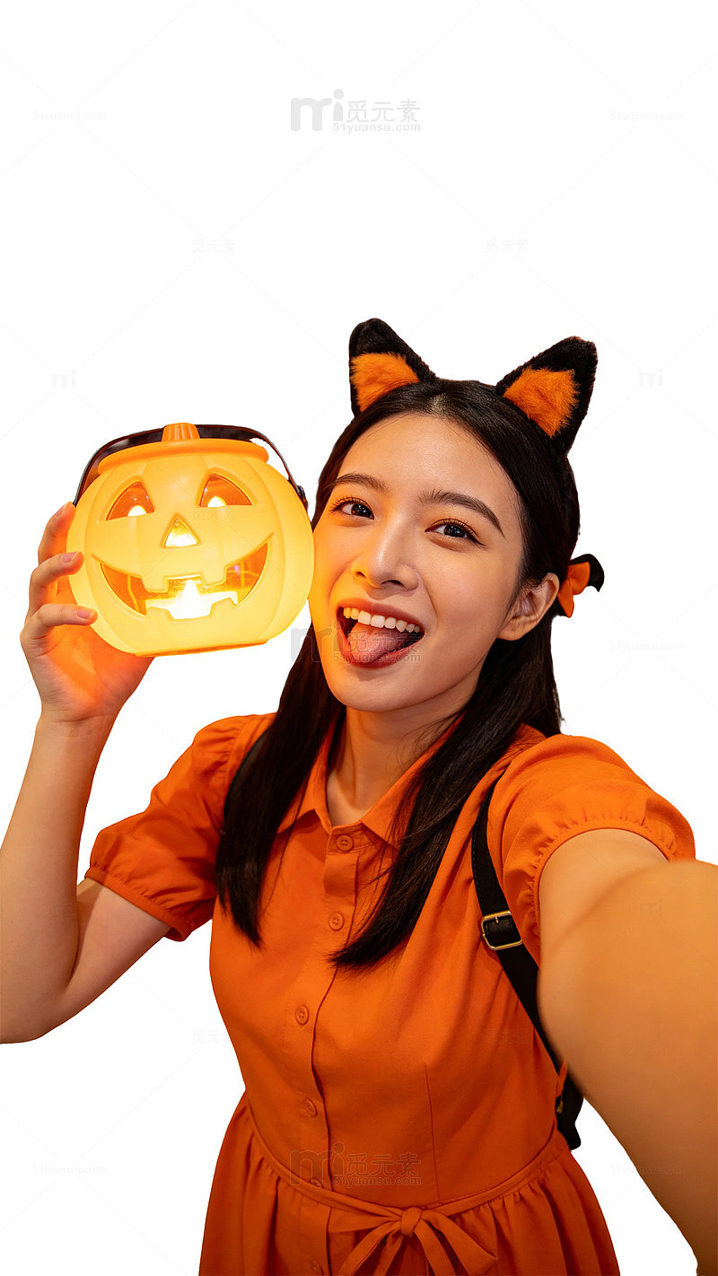 卡通风万圣节女孩南瓜灯自拍设计素材