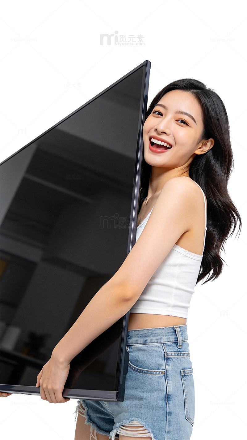 时尚写真年轻女性抱电视设计素材