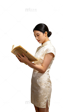 国风优雅女子阅读旗袍设计素材