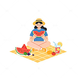 扁平风夏日野餐女孩吃西瓜设计素材