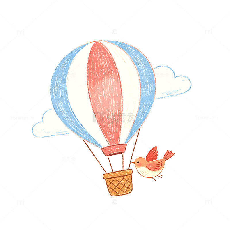 手绘风热气球小鸟插画设计素材