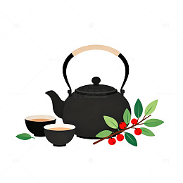 扁平风茶具与果实插画设计素材
