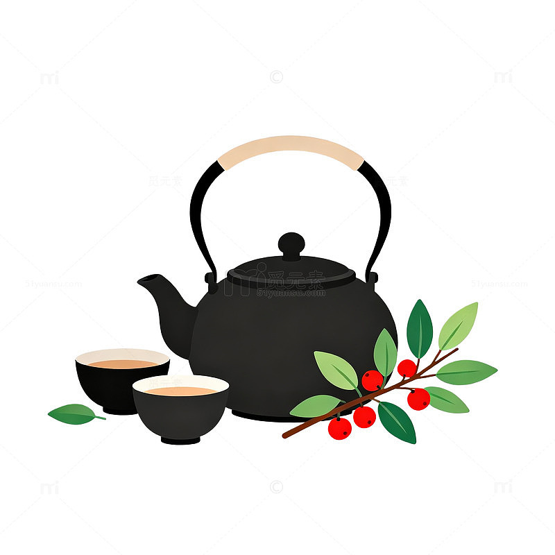 扁平风茶具与果实插画设计素材