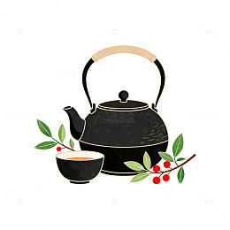 简约风茶壶茶杯植物插画设计素材