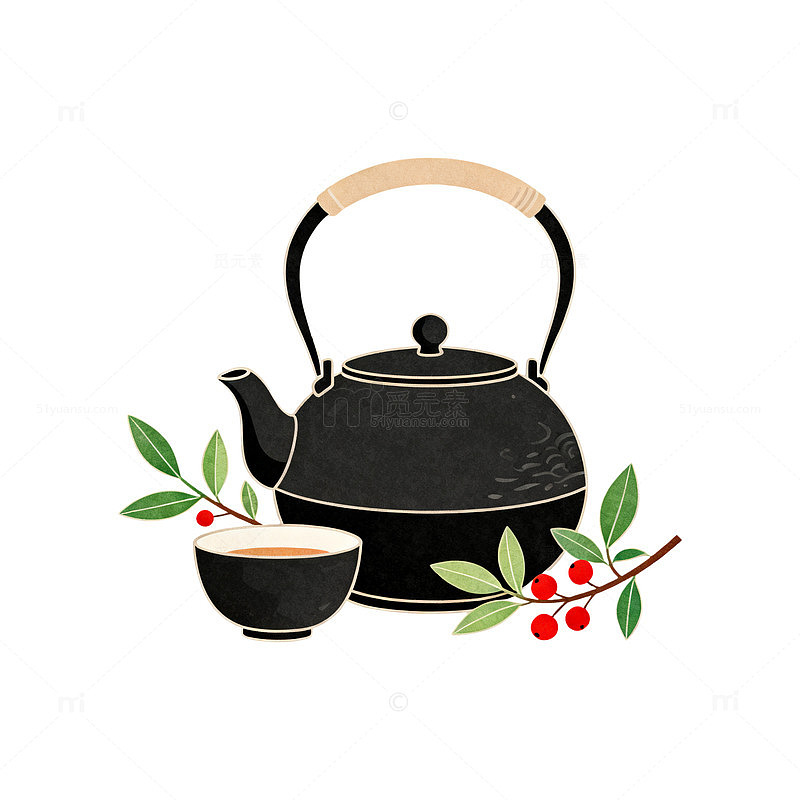 简约风茶壶茶杯植物插画设计素材