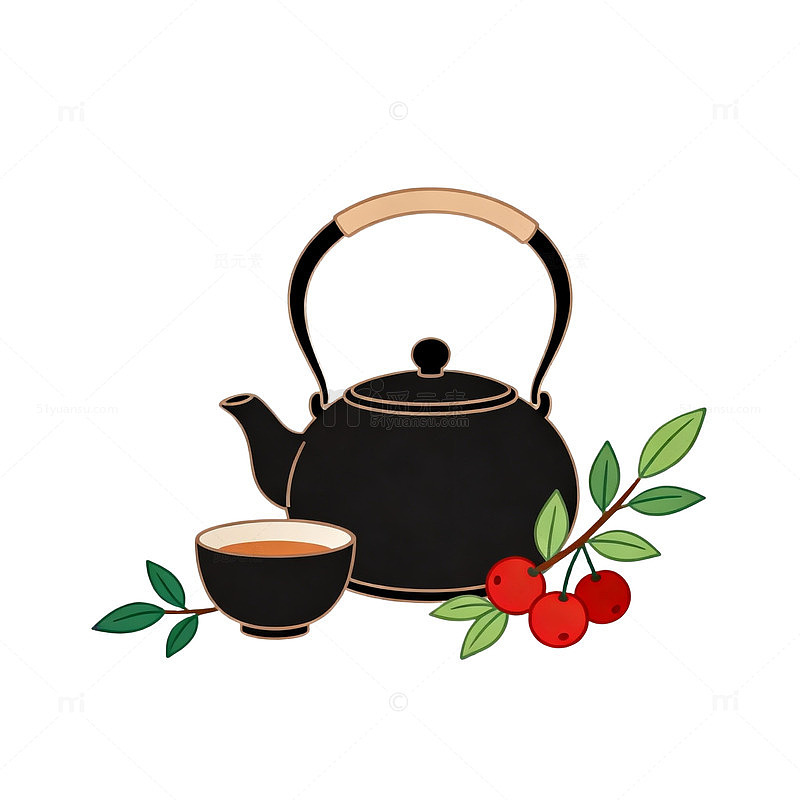 简约风茶具樱桃插画设计素材