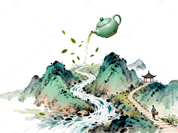 水墨风山水茶壶意境插画设计素材
