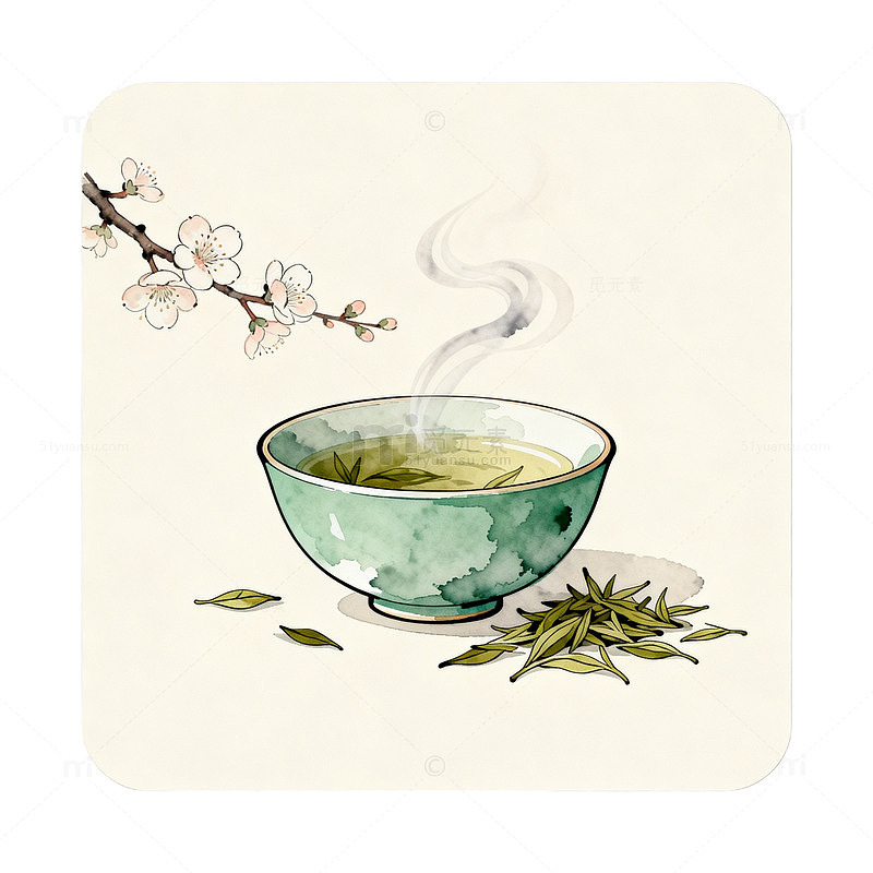 水彩风茶香梅花手绘茶杯设计素材
