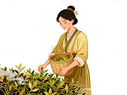 国风插画采茶女子手绘茶园场景设计素材