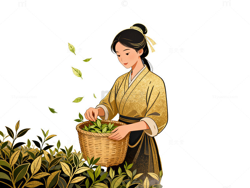国风手绘采茶女子插画设计素材