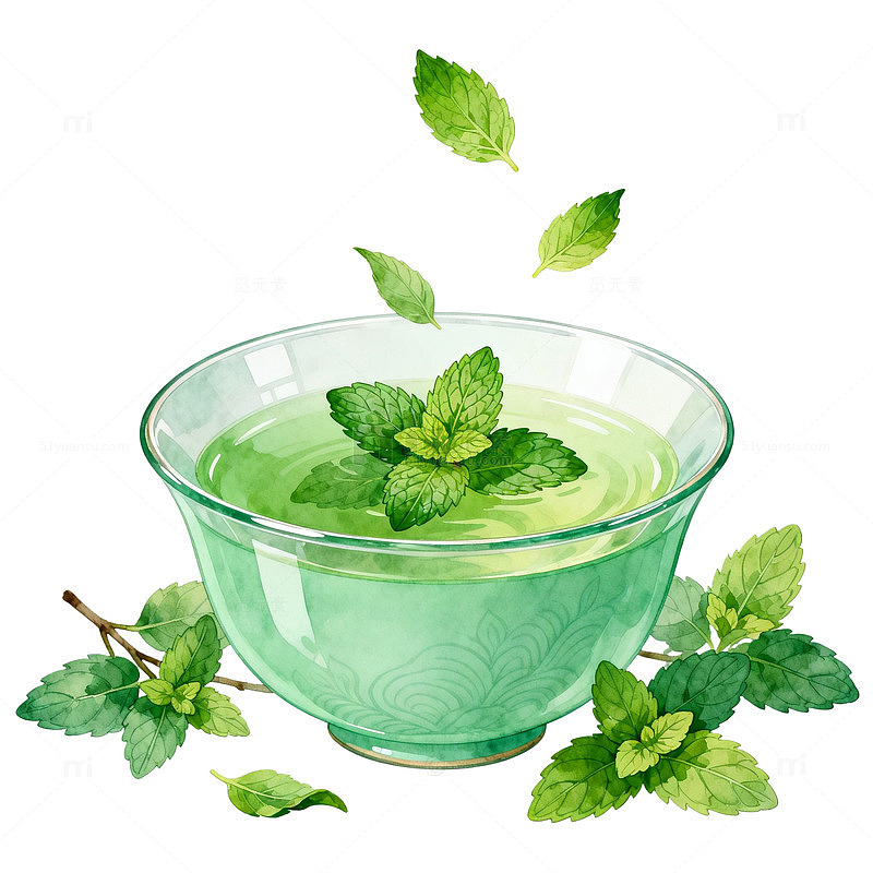 水彩风薄荷茶清新插画设计素材