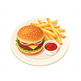 卡通风格汉堡薯条美食插画素材