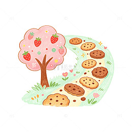 卡通风草莓树饼干小径插画设计素材