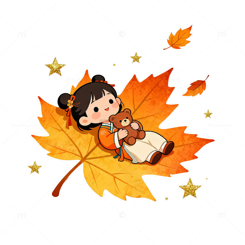 卡通风秋日女孩枫叶手绘插画设计素材