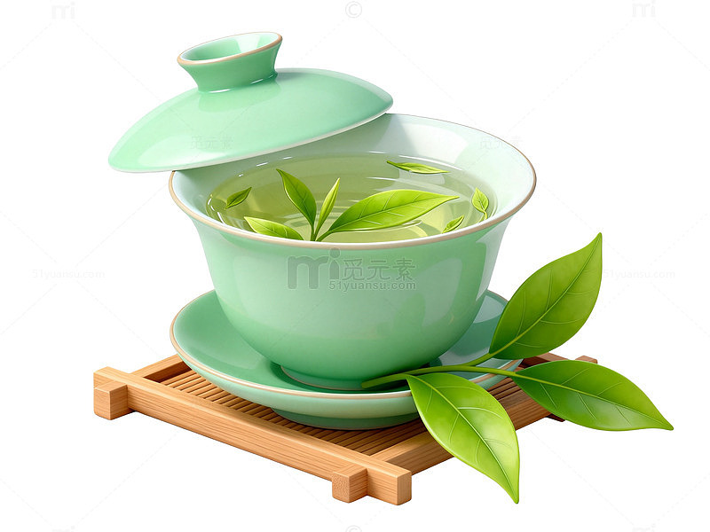 清新风绿茶茶具插画设计素材