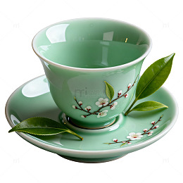 青瓷风茶具梅花绿叶设计素材