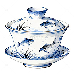 青花瓷风鱼纹盖碗手绘设计素材